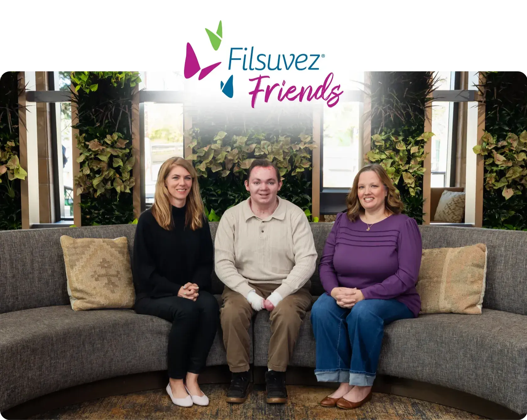 Three people sitting together under the Filsuvez Friends logo